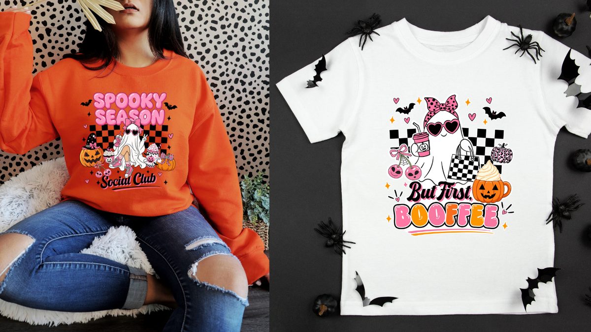 Spooky Season Digital Design Bundle | 5 Designs + 5 Dark Fabric Versions | Sticker Sheet