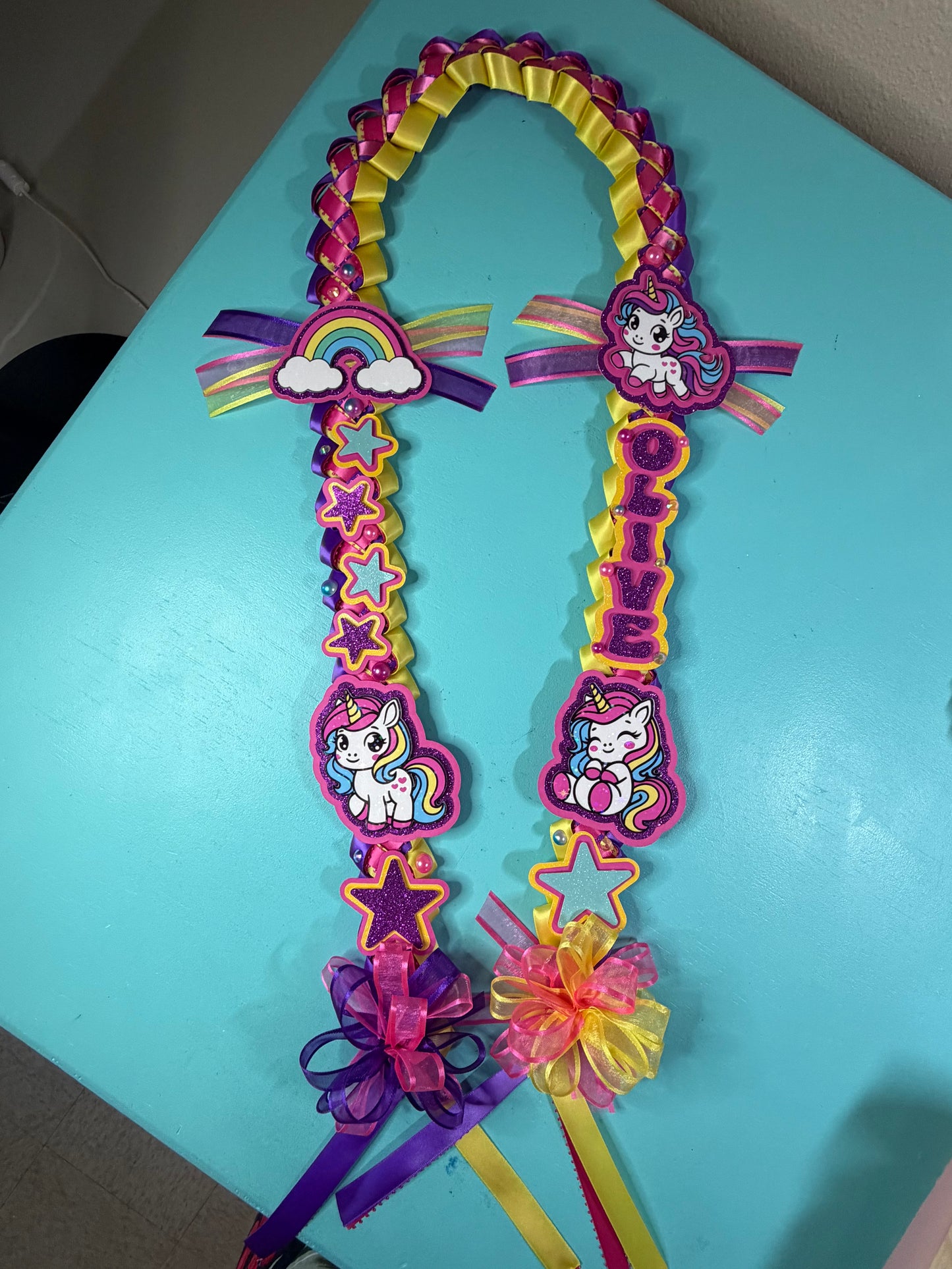 Deluxe Personalized Unicorn Ribbon Lei | Handmade Custom Celebration Lei