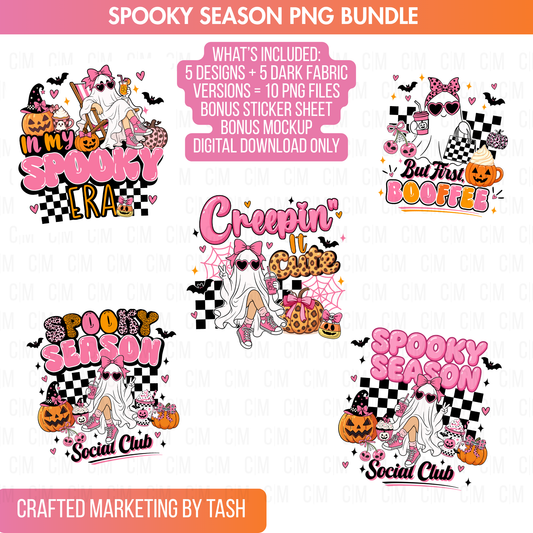 Spooky Season Digital Design Bundle | 5 Designs + 5 Dark Fabric Versions | Sticker Sheet